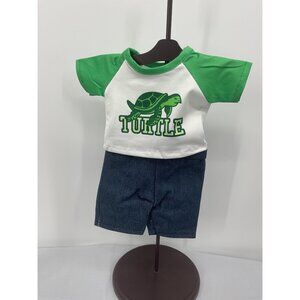 Turtle Graphic Doll Outfit With Green & White Raglan Top And Blue Denim Shorts